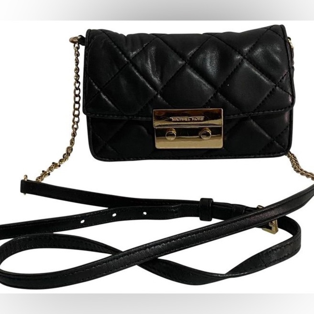 Michael Kors Quilted Black Crossbody Bag Gold Chain Strap Leather Mini Purse EUC